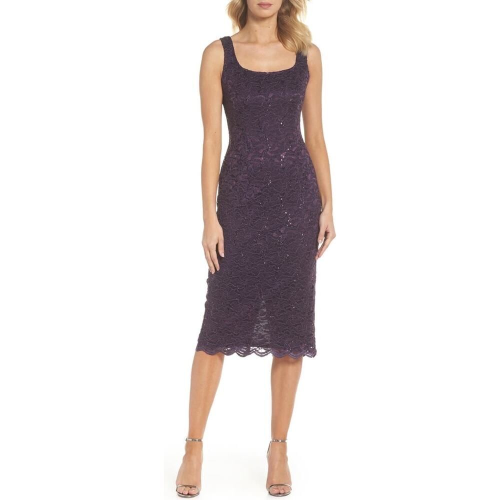 Alex Evenings Lace Cocktail Dress Women's Plus 16 Purple Sleeveless Midi‎ NWOT
